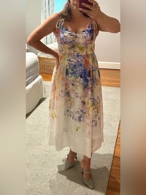 Anthropologie White Floral Midi Dress with Blue and Yellow Accents